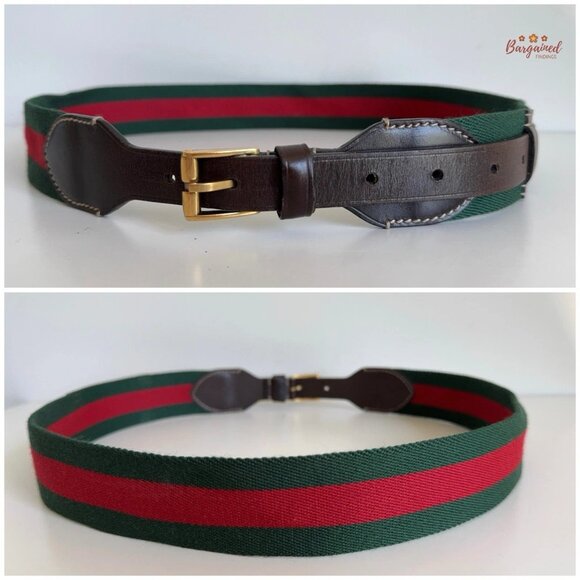 Auth Gucci Web Green/Red Canvas Brown Leather Gold Buckle Belt 90/36 - Picture 5 of 14